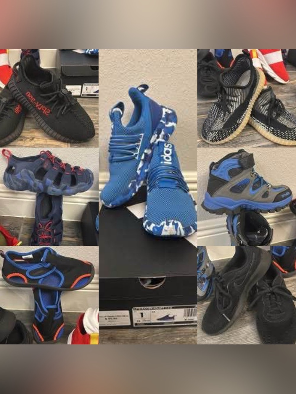 7 pairs of Boy’s size 1- Fashion Sneakers, Hybrid, Water Shoes & Hiking Boots